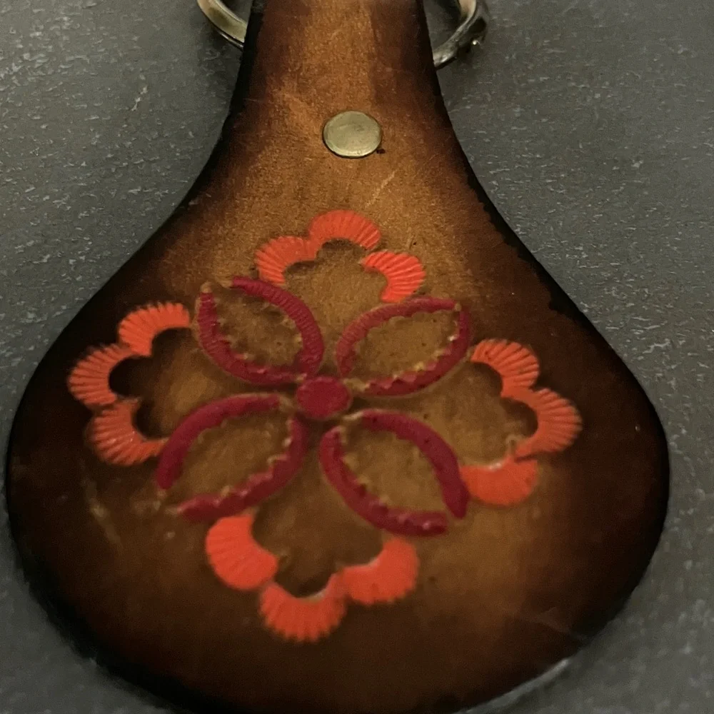 Artisan Brown Leather Key Chain Holder with Hand Tooled Floral Accent 2 1/2 inch